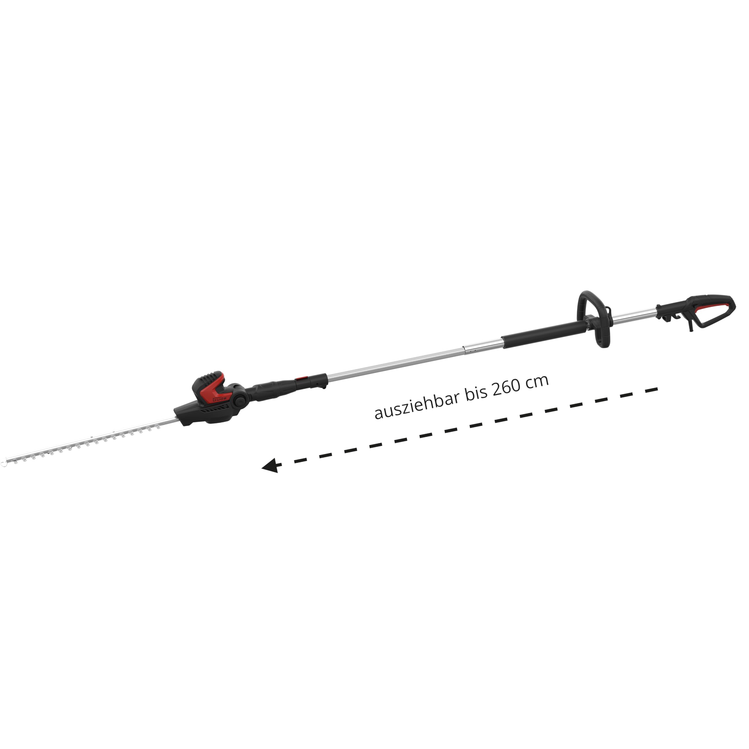 Güde GTHS 530-500 teleskopowe nożyce do żywopłotu, 230 V, moc silnika 500 W, długość cięcia 45 cm, grubość cięcia 1,8 cm, obrotowa głowica tnąca, długość całkowita do 2,6 m, szybkie zatrzymanie