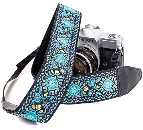 Art Tribute Blue Woven Vintage Camera Strap For All Dslr Camera. Embroidered Elegant Universal Neck & Shoulder Strap, Floral Pattern, Great Photographer Gift For Men & Women Photographers #TOP7