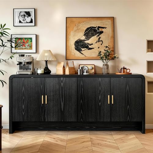 Image of Finnhomy 68'' Sideboard Buffet Cabinet with Storage, Curved Design Credenza Storage Cabinet with 4 Doors, Console Cabinet for Kitchen, Living Room & Hallway, Black