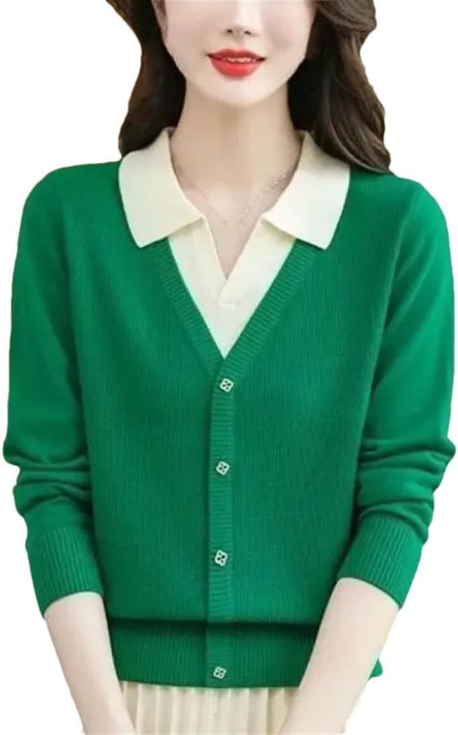 Women's Fashion Patchwork Contrast Sweater Spring Versatile Casual Long Sleeve Loose Knitted Pullovers Top