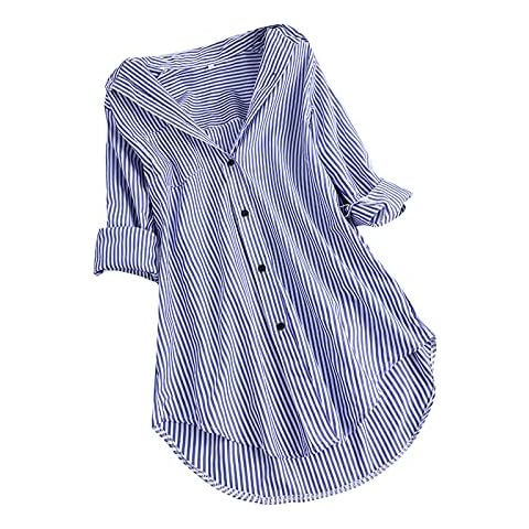 aijofi Bluse Gestreift Damen Longshirt Hemd Oberteile V-Ausschnitt Lose Casual Langarm T-Shirt Top Tunika Elegant Große Größen Langarmshirt Cover
