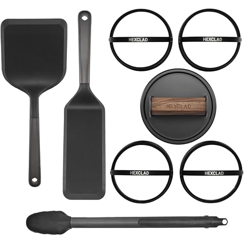 HexClad 8-Piece Griddle Tool Set with Smash-Burger Press, Wide Turner, Long Spatula, 14" Tongs, and 4 Egg Rings, Heat-Resistant to 450ºF, Dishwasher-Safe, Perfect for Our Hybrid Double-Burner Griddle