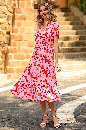 PRETTYGARDEN Summer Floral Dress for Women 2025 Casual Boho Short Sleeve Maxi Dresses V Neck Tiered Flowy Beach Sundress