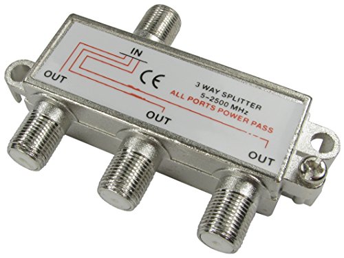 3 Way F-Connector (Satellite) Cable Splitter - DC Power Pass Through - Metal Casting - 1 x Female to 3 x Female (Split RF Coax Signal from ONE Source to THREE Displays)