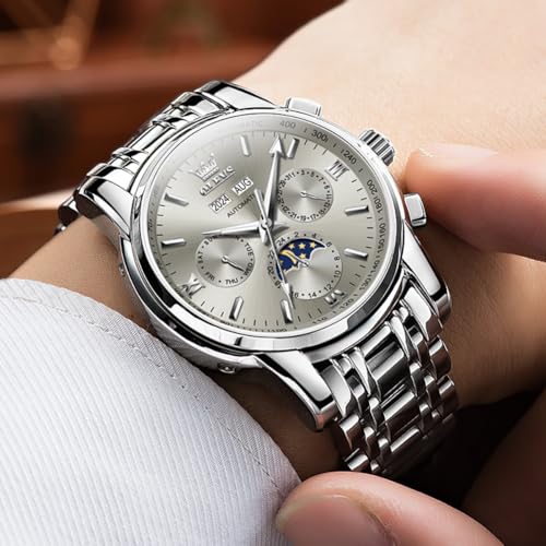 Image of OLEVS Automatic Men Watch Self Winding Mechanical Luxury Dress Moon Phase Stainless Steel Waterproof Luminous Calendar Wrist Watch