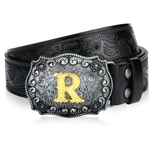 Image of Mens Western Cowboy Cowgirl Faux Leather Belt Longhorn Bull Pattern Letter Big Buckle Embossed Floral Belts