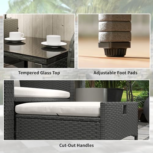 Outsunny 5 Piece Rattan Garden Furniture Set, Wicker Patio Conversation Set with 2 Chairs, 2-Tier Coffee Table, 2 Ottomans and Thick Cushions for Outdoor, Balcony, Bistro, Porch, Cream White - Image 9