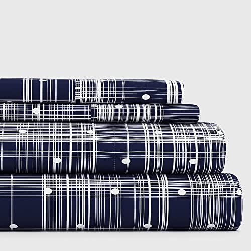 Linen Market Double-Brushed Patterned Microfiber California King Sheet Set 4 Piece – Oeko-TEX Certified Ultra Soft & Wrinkle-Free - 16" Deep Pocket Sheets Easy Care Cal-King Size - Polka Dot Navy