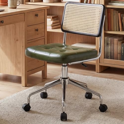 Image of Zesthouse Mid Century Home Office Chair, Armless Desk Chair with Rattan Back, Adjustable Height Task Chair Vanity Chair for Girls Women, Upholstered Swivel Chair, Green Faux Leather