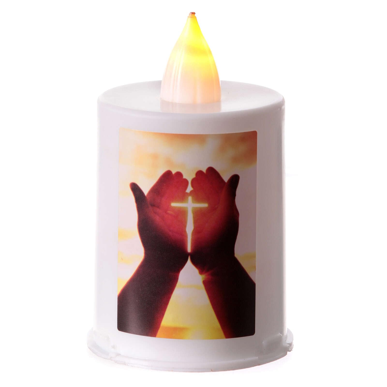 White LED Votive Candle with Hands and Cross Image, 60 Days