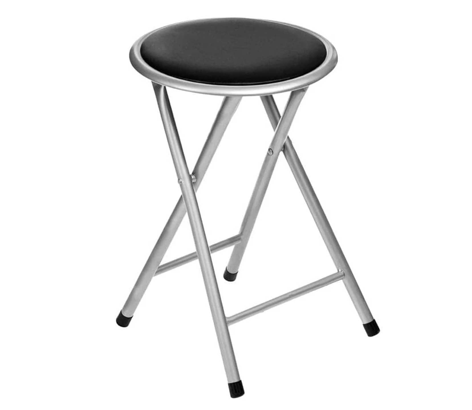 PREMZO Round Folding Stool Soft Padded Seat Compact Foldable Space Saving Lightweight Metal Frame Rubber Feet Free Standing for Home Office Breakfast Kitchen Bar (Black)