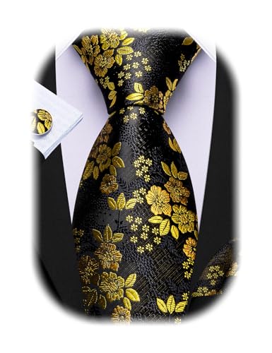 Image of Barry.Wang Flower Ties for Men Silk Woven Floral Tie Sets Necktie Handkerchief Cufflinks Wedding Party