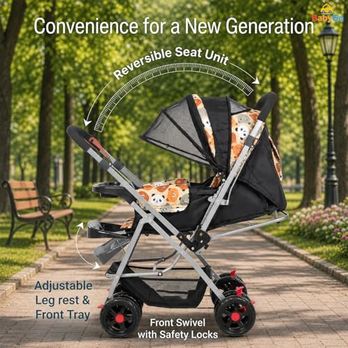 Image of BabyGo Foldable Baby Stroller for Newborn, Infant & Toddler 0-3 Years | Lightweight Travel Pushchair | Safety Harness | Adjustable Recline Backrest | 360 Swivel Wheels | Large Storage Basket | Orange