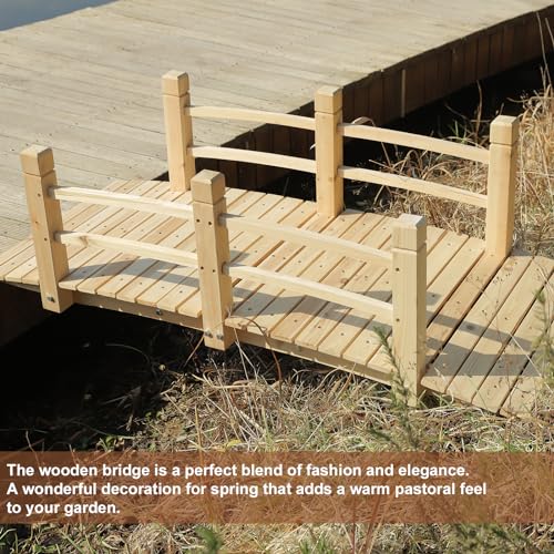 HOMEDIARY Fir Wood Garden Bridge, Outdoor Arc Footbridge Walkway with Double Safety Railings, Decorative Pond Bridge Landscaping w/550lbs Capacity for Backyard Garden Creek Pond Decor, Natural