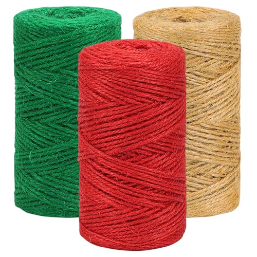 Vivifying 2mm Jute Twine, 328 Feet x 3 Rolls Natural Garden Twine for DIY Crafts, Wrapping (Red, Dark Green, Brown)