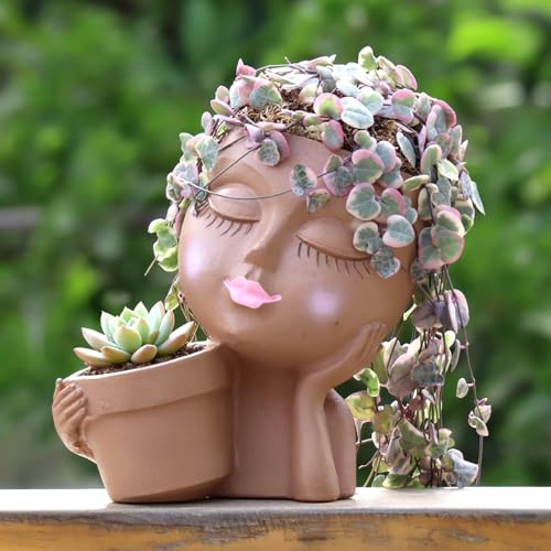 Face Planter Pot, 2-in-1 Resin Head Planter with Mini Pot, Cute Lady Flower Pots with Drainage for Indoor Outdoor Plants, Unique Succulent Cactus Planter, Ideal Gardening Gifts for Women Mom (Brown)