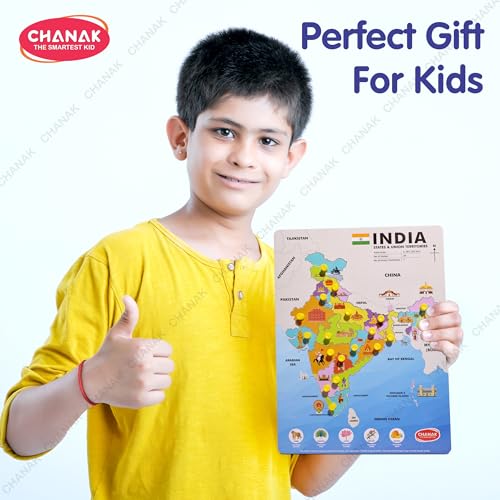 Image of Chanak Wooden India Map Puzzle with Picture & States Name Educational Board for Kids, 18 Piece States Map Montessori Learning Puzzle for Toddlers & Preschoolers, Nursery & Kindergarten 2+ Years