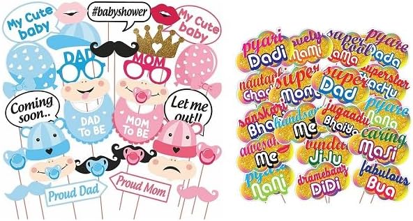 All Occasion Indian Family Photo Booth Party Props (18 Pieces) & Baby Shower Party Photobooth Props - Set of 30