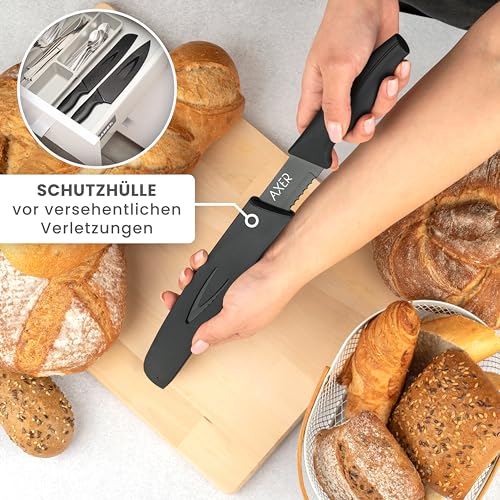 Axer Schwarz Brotmesser Wellenschliff - Brot Messer mit Schutzhülle - Brötchenmesser Wellenschliff 33 cm lang - Edelstahl Küchenmesser Scharf - Bread Knife