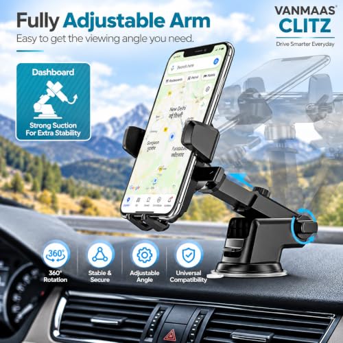 Image of VANMASS CLITZ Car Phone Holder for Dashboard, 360 Rotatable Mobile Holder with Strong Suction Cup, Adjustable Arm, One Touch Lock, Universal Smartphone Mount for Car