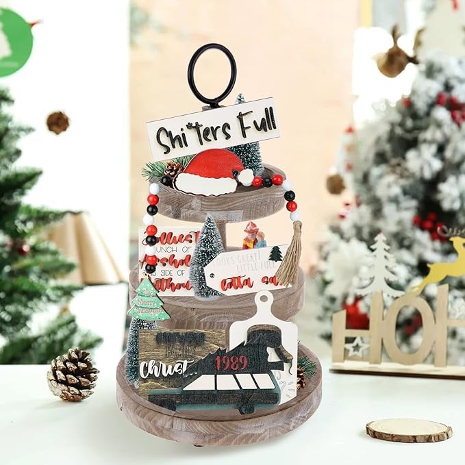 DULRLLY 7pcs Christmas Tiered Tray Decor Set, Rustic Farmhouse Autumn Fall Supplies, Xmas Wooden Tabletop Signs for Christmas Farmhouse Home Kitchen Party Decoration (Not Included Tray) - Image 6