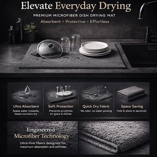 Image of Cutting EDGE Microfiber Dish Drying Mat - Water Absorbent & Reversible for Kitchen Utensils, Counter Top, Sink (Pack of 1, Grey Color, Plain-Design)