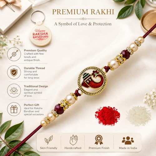 Image of Riddhika Ventures Religious Gold Plated Meenakari Sacred Ganesha Rakhi with Roli Chawal and One Happy Raksha Bandhan Keychain