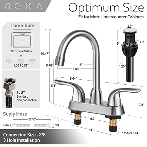 Soka Centerset Bathroom Sink Faucet Two Handles High Arc 4" Lavatory Bath With Deck Plate & Pop-Up Drain Fit 3 Hole Installation, Brushed Nickel (Sk18001Ny) #TOP4