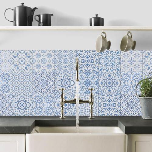 Baldosas Adhesivas Azul Retro Marruecos Suelo Vinilo Autoadhesivo Vinilo Impermeables Panel Revestimiento Ducha para Baño Cocina Gabinete Muebles Decoración Azulejos Adhesivos 10x10cm /24 Piezas