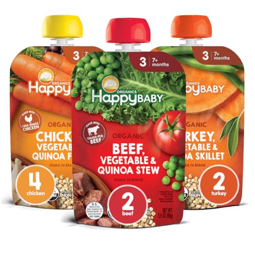 Happy Baby Organics Savory Blends Stage 3 Baby Food Puree, Meats & Veggies 3 Flavor Variety Pack (Pack of 8)