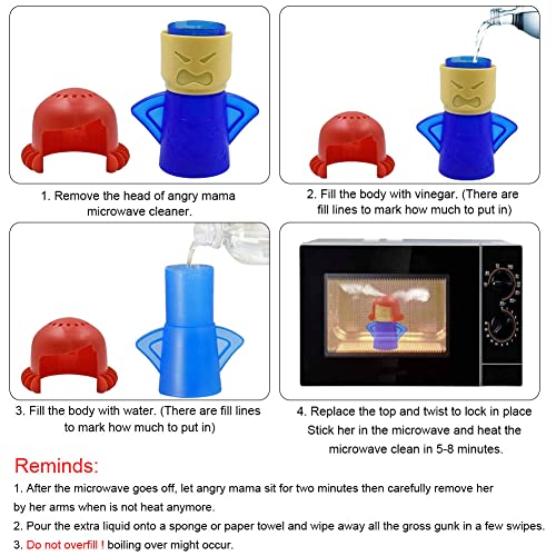 Abnaok Microwave Cleaner, 2 PCS Angry Mama Microwave Cleaner Microwave Oven Steam Cleaner Easily Clean in Minutes Cleans Add Vinegar and Water for Home or Office with English Manual (Blue+Purple) - Thumbnail 4