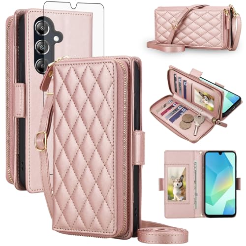 Asuwish Compatible with Samsung Galaxy A16/A17/A26 5G Wallet Case Zipper RFID Blocking Screen Protector Crossbody Lanyard Strap A 16 17 26 16A 17A 26A 4G SM-A166U Phone Cover for Women Men Rose Gold