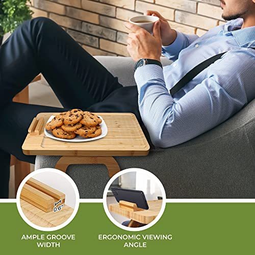 Keekr Bamboo Sofa Arm Tray Table | Foldable Couch Tray With 360° Rotating Phone Holder & Wavy Anti-Slip Mat | 15.4" X 9.84" Clip On Side Table For Wide Couches Arm | Armrest Table For Cups #TOP5
