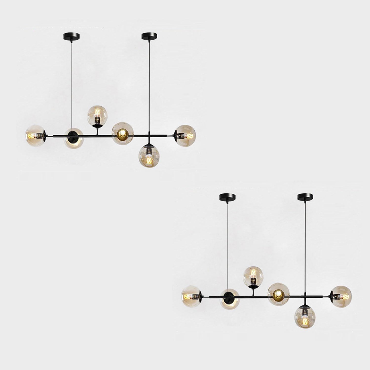 Moddeny 2 Pack 6 Light E27 Modern Chandelier Northern Europe Glass Ball Hanging Lights Industrial 130CM Ceiling Pendant Lamps for Living Room Dining Room Art Decoration Restaurant (Black + Amber)