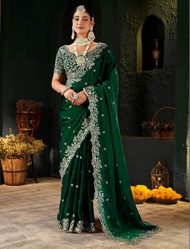 Buy DHARMEE Women's Silk Saree with Embroidered Blouse Piece, Traditional Parte Wear with Gold Border and Hand Work Lace Embellished, Solid/Plain, Applique, Woven, Satin Saree (Green) at Amazon.in - Image 5