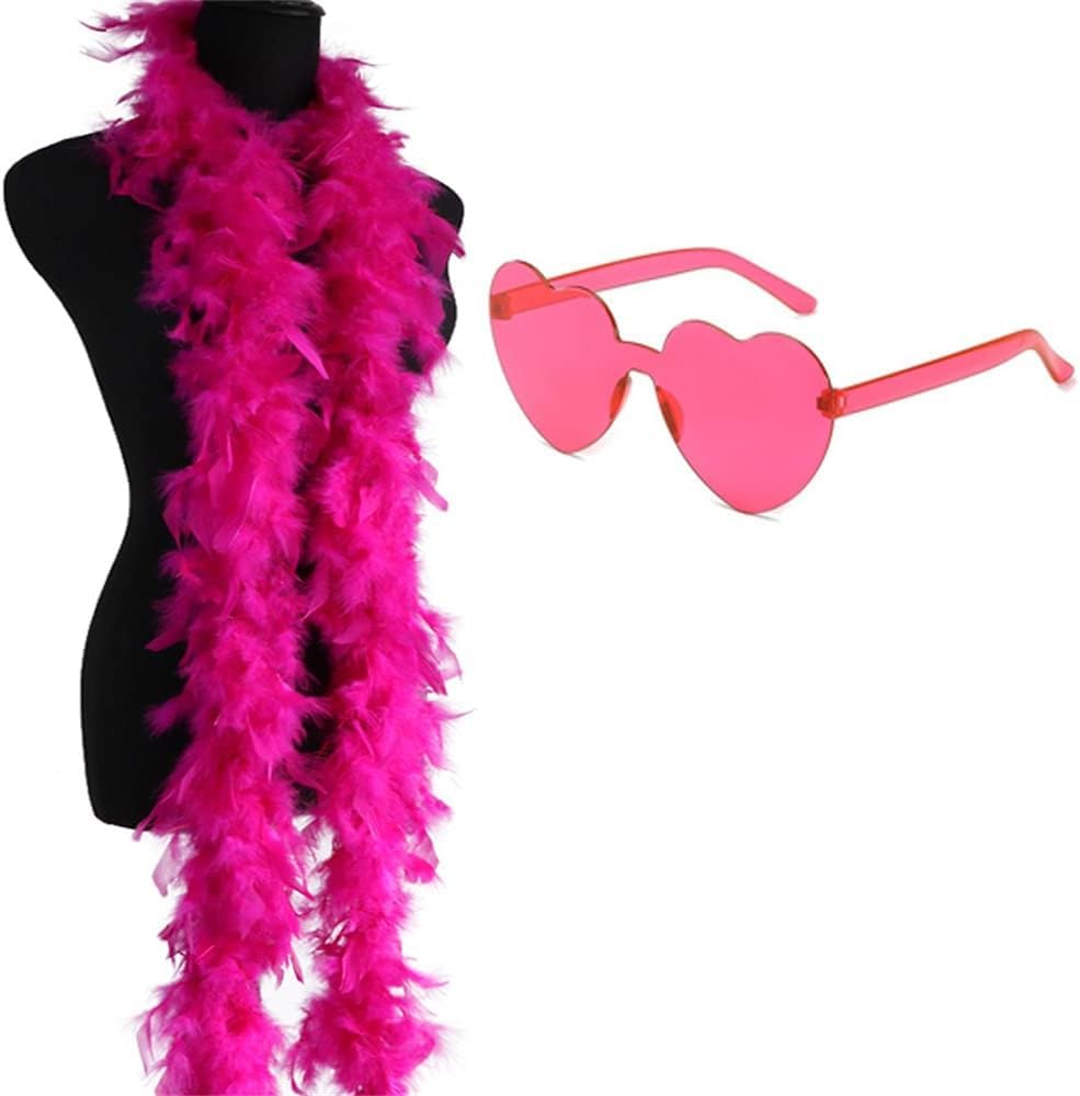 Feather Boa and Heart Glasses Fancy Dress Accessory, 78"/200cm Long Feather Boa, Hen Night Accessory Fancy Dress 1920s Feathers Boa for Festivals Pride Hen Party Stag Do Halloween Christmas Rose Red
