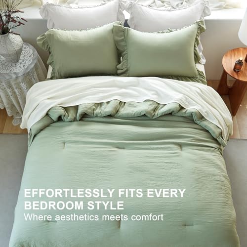 Image of Sage Green Ruffle Comforter Set King, Pre-Washed Shabby Chic Bedding Set, Lightweight Cottagecore Soft Romantic Cozy 1 Comforter & 2 Shams, All-Season