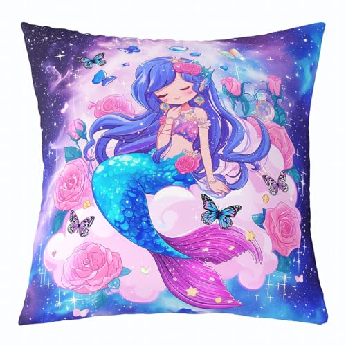Homewish Blue Cartoon Mermaid Pillow Cover Watercolor Romantic Pink Rose Cushion Case for Kids Girls Teens Starry Galaxy Dreamy Butterfly Cushion Cover for Party Bed Sofa 20x20 Inch