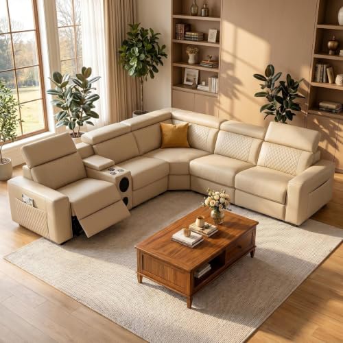 AYCP Furniture Power Reclining Sectional Sofa Set, L-Shape, Air Leather, with Multi-Media Console, USB Charging, Adjustable Headrests
