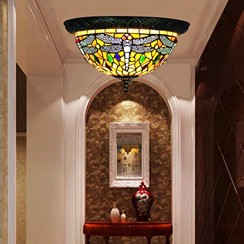 Makenier Vintage Tiffany Style Dragonfly Handcrafted Stained Glass Flush Mount Ceiling Light Fixture For Dinner Room Living Room Bedroom Corridor (Red Dragonfly) #TOP1