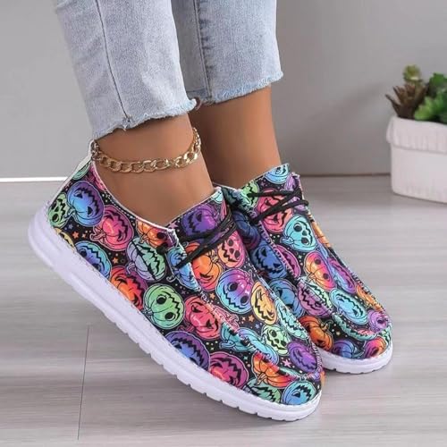 Women's Fashion Halloween Canvas Sneakers 2025,Halloween Pumpkin Ghost Print Flat Sports Shoes for Women, Slip-On Flats Low Top Lace up Walking Breathable Comfortable Canvas Sneakers4