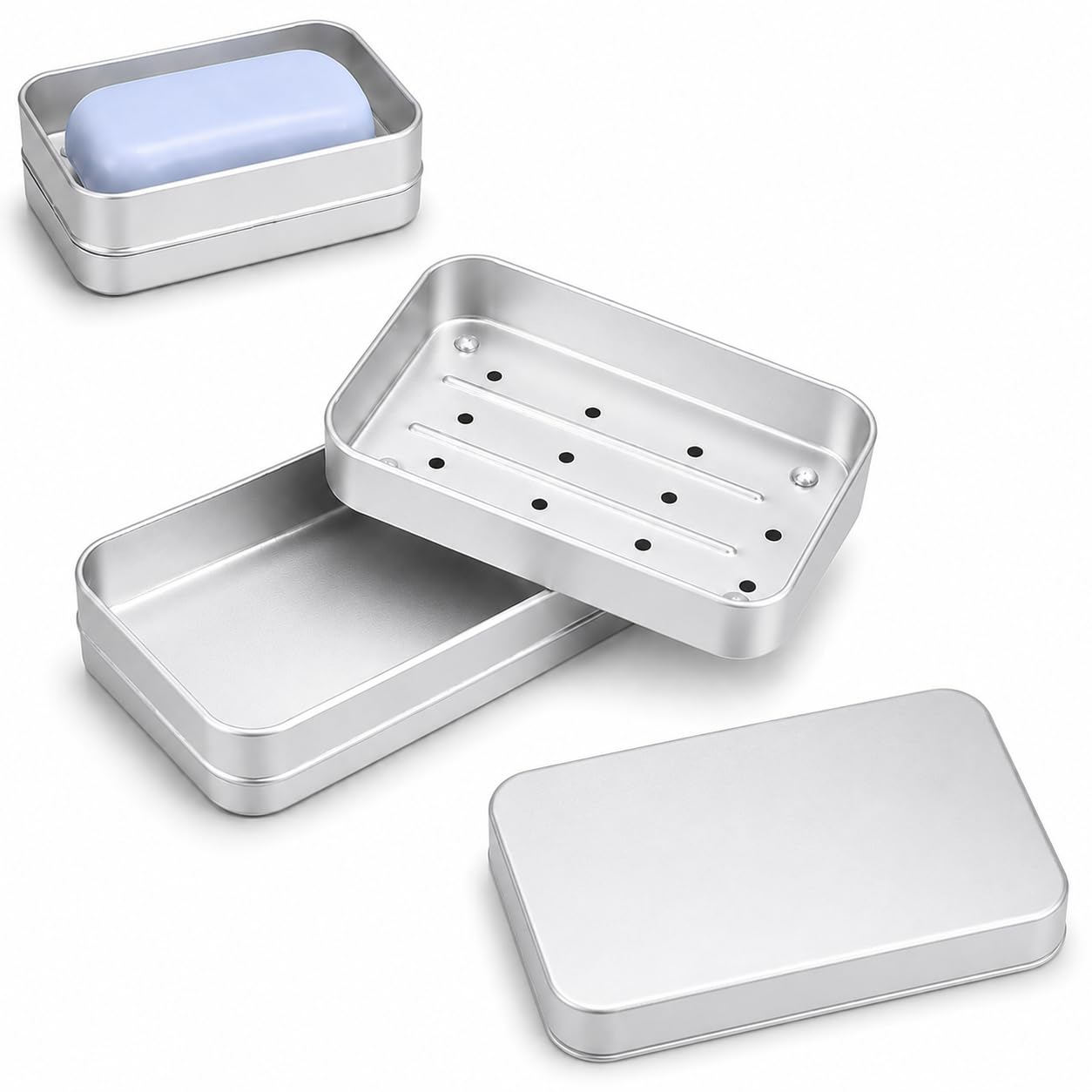Soap Dish Aluminium 3-Layer with Lid, Self Draining Metal Soap Holder