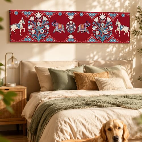 Image of Mughal folk Art Vibe Flower Canvas Wall Art Painting For Living Room, Mughal-Inspired Elephant & Horse Painting Red Traditional Floral Ethnic Wall Art For Home & Office Decor - 13x47 Inch