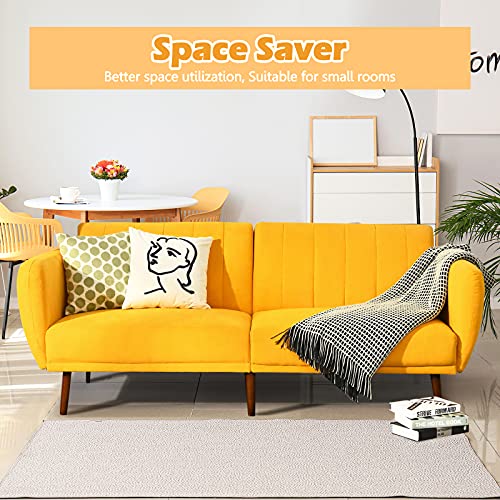 Powerstone Futon Sofa Bed - Convertible Sofa Couch Sleeper Foam Cushion Sofa Futon With Armrest And Wooden Legs Home Recliner For Living Room, Apartment 82.5”, Yellow #TOP1