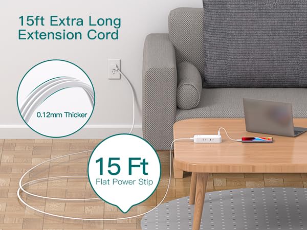 Image of Extension Cord 15ft, Surge Protector, Flat Plug with 6 AC Outlet Extenders, 3 USB Ports (2 USB-C), 1080J, Multiple Sockets,