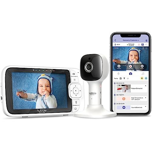 Image of Hubble Connected Nursery Pal Cloud Smart Connected, Wi-Fi Enabled Baby Monitor with 5-Inch HD Color Parent Unit Viewer, Soothing Sounds and White Noise, 7-Color Night Light, Wall Mount, White