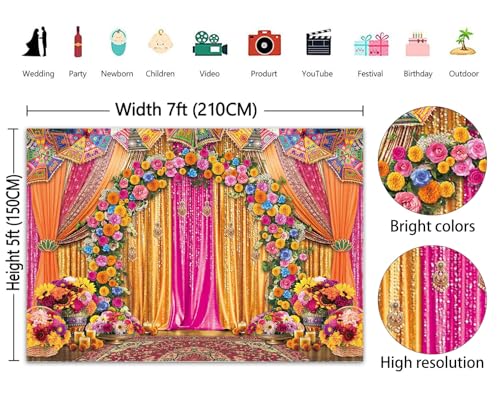 Image of Indian Wedding Backdrop Indian Themed Marigold Floral Background India Traditional Festival Flowers Bridal Shower Party Decorations Banner Supplies (82x59inch(7x5FT))