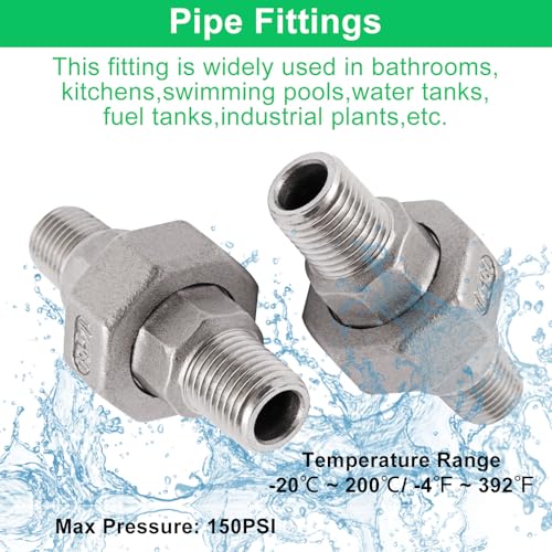 Image of 2Pcs Cast Pipe Fittings Union, 1 /4 inch NPT Male x 1 /4 inch NPT Male Thread 304 Stainless Steel Hex Head for Industrial, Class 150