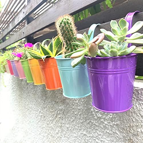 LaLaGreen Small Hanging Planters Outdoor - 10 Pack, 4 Inch Rainbow Planter Colorful Flower Pots Metal Iron, Rail Balcony Garden Deck Railing Plant Hanger Fence Wall, Herb Bucket Indoor Window Boxes