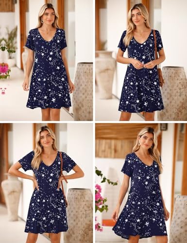 Image of JollieLovin Women T Shirt Plus Size Summer Swing Dresses Short Sleeve V Neck Loose Casual Dress(L-5X)